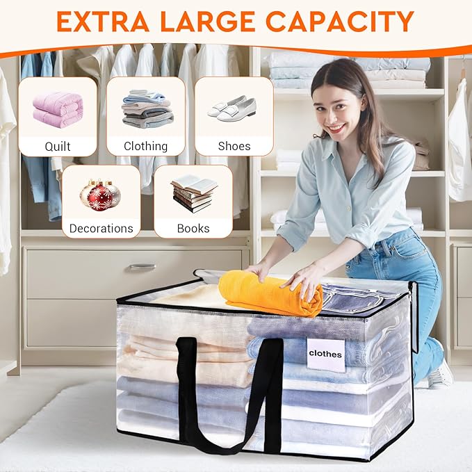 HomeHacks Clear Moving Bags Heavy Duty 8 Pack, Storage Bags with Zipper, Extra Thick Handles & Waterproof Packing Boxes for Moving, Camping, Home Organization 93L/24Gal (28.7"x14.2"x14")