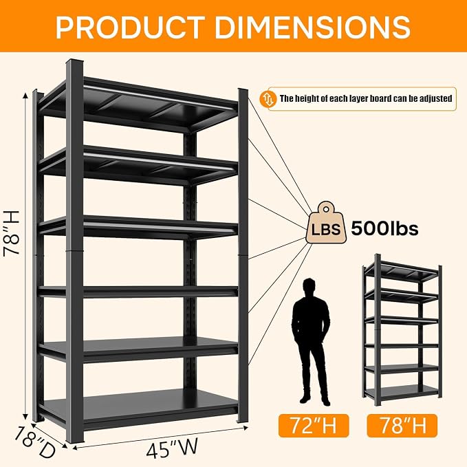 6 Tier Metal Bookshelf, 78"H TallBookcase, 40"W Wide Book Shelves, Black Heavy Duty Book Shelves, Industrial Book Shelving, Display Storage Shelves for Bedroom Living Room Office (6-Tier 45W*18D*78H)