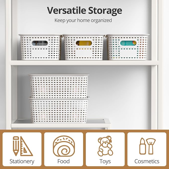 Plastic Storage Basket with Lid, Stackable Small Box Bins for Organizing and Containers for Shelves Drawers Desktop Closet Playroom Pantry Classroom Office Home, 8 Pack 10.2x7.2x4.1 Inch, White
