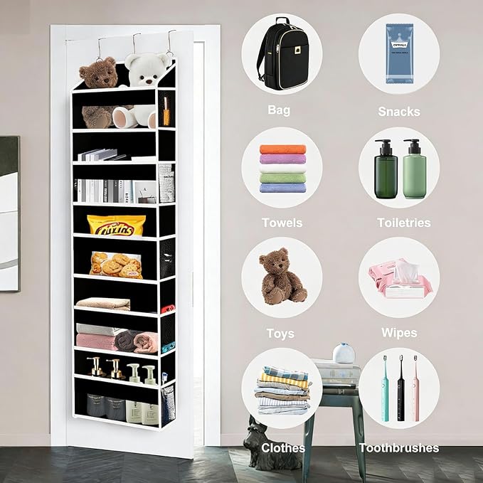 Over The Door Organizer Closet,5 Bins 10 Side Pockets,Hanging Organizer,Anti Tilt 44 lbs Load Door Organizers and Storage with Clear Window for Bedroom,Nursery,Rv,Bathroom,Camper(Pure Black)