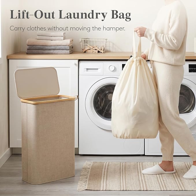 Lifewit 65L Slim Laundry Hamper with Lid, Narrow Laundry Basket with Removable Bag & Bamboo Handles, Fodable Thin Dirty Clothes Hamper for Laundry Collapsible Bin for Bathroom Bedroom Dorm, Beige