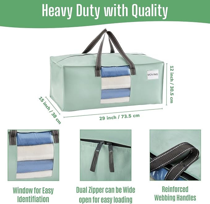 VENO 6 Pack Heavy Duty Moving Bags, Packing Bags with Clear Window, Alternative to Moving Boxes, Storage Bins for Clothes, Blankets, Comforters, College Dorm Essentials (Shiny Light Green, 6 Pack)
