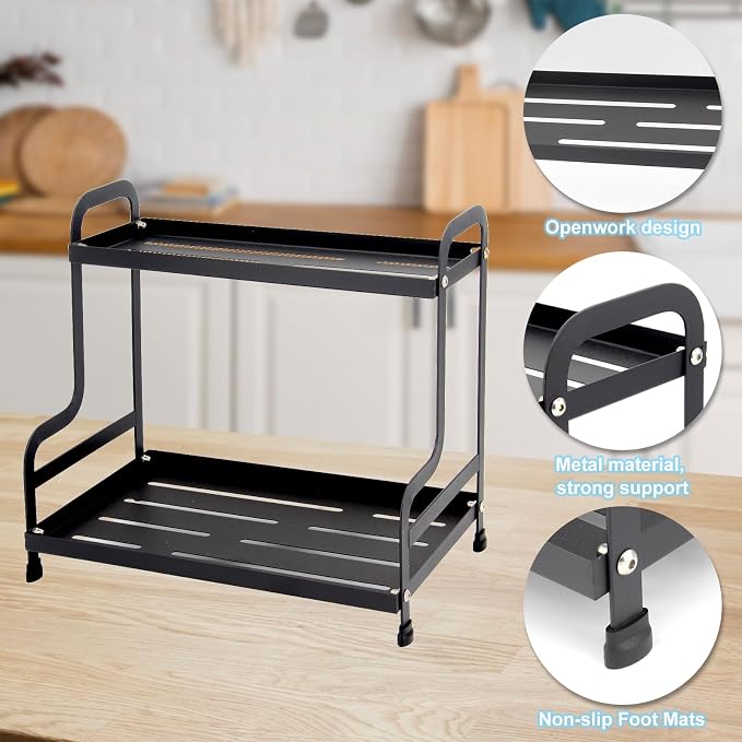 2-Tier Metal Organizer Shelf for Bathroom & Kitchen - Heavy Duty Countertop Storage, Under Sink Cosmetic & Spice Organizer with Non-Slip Base, Easy Assembly