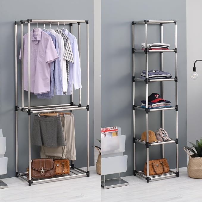Letusto Premium Stainless Steel Freestanding Closet Organizer System - Easy Assembly, Durable, and Versatile - Heavy Duty Adjustable Portable Wardrobe Clothing Rack (Set A)