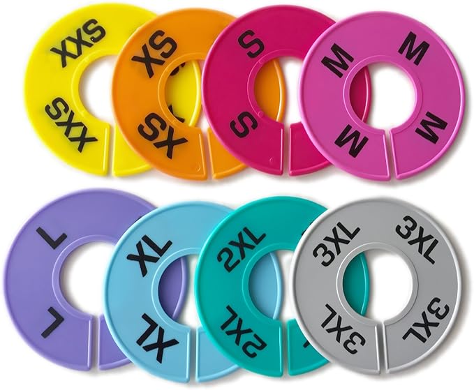 Set of Colored Clothing Round Rack Size Dividers (XXS - 3XL) Various Quantities Available (16)