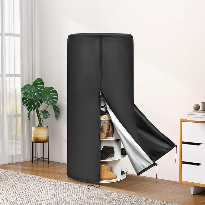 420D Black Rotating Shoe Rack Tower Cover,25" Diax63 H,Cover Only | Spinning Storage Tower Cover – Waterproof, Windproof, Adjustable Drawstring & Zippers,Pet-resistant
