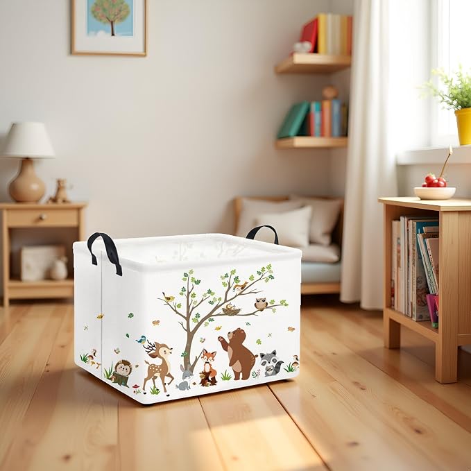 Rectangular Kids Storage Basket Baby Storage Basket with Handles for Home Kitchen Boys and Girls Cute Toy Storage Bin Organizer Shelf Book Room Decor(Tree Animal)