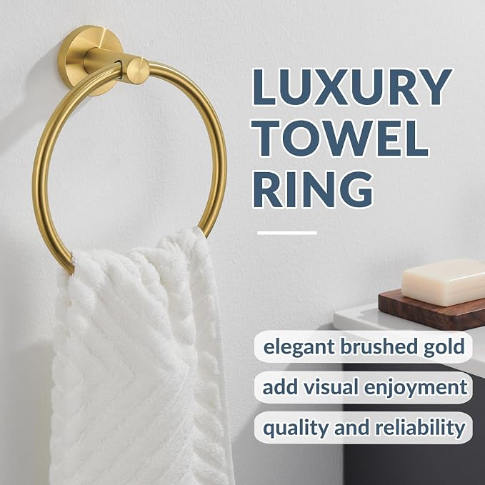 APLusee Brushed Gold Hand Towel Ring, 304 Stainless Steel Flexible Round Towel Holder for Bathroom Kitchen, Wall Mounted