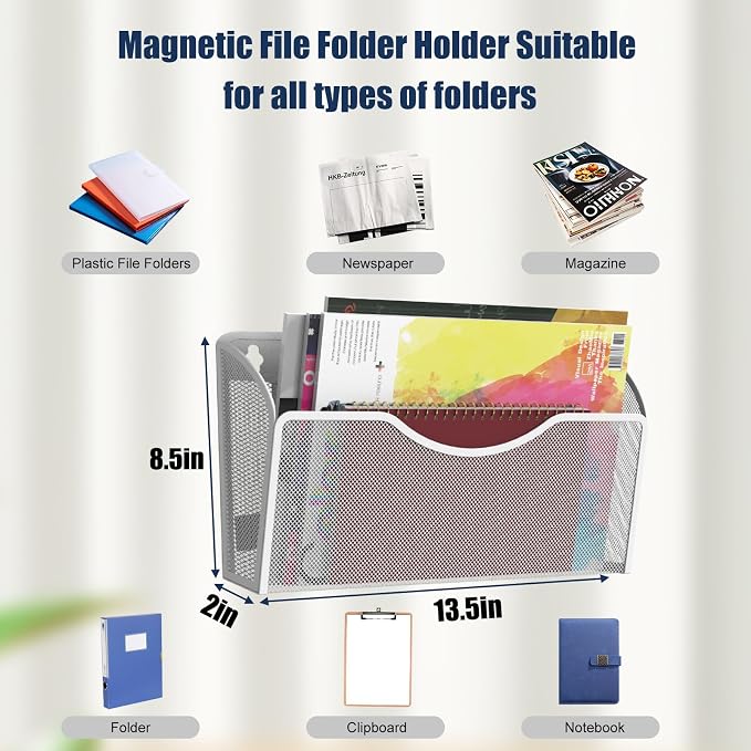 2 Pockets Magnetic File Holder for File Cabinets, Folder Holder Organizer- No Drilling Paper Document Holder, Large Capacity Office Hanging Magazine Rack for Refrigerator, Whiteboard, Office, Kitchen
