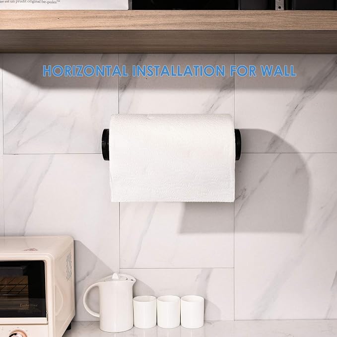 simpletome ONE Hand Tear Paper Towel Holder Under Cabinet Adhesive or Drilling Installation Aluminum Alloy + ABS (Black) | tension arms, tear one/more sheets at one time | aluminum alloy+abs | adhesive or drilling for wall/cabinet | for 28cm roll