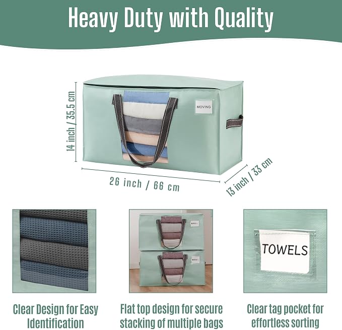 VENO 8 Pack Heavy Duty Moving Bags, Clothes and Comforter Storage Bags with Clear Window, College Dorm Essentials Packing Supplies, Foldable Boxes Alternative (Light Green Matte, 8 Pack)