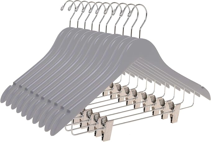 Quality Wooden Semi Curved Skirt Hangers with Clips, 10-Pack Smooth Solid Wood Pants Hangers with Durable Adjustable Metal Clips, Swivel Hook, Coat, Jacket, Blouse Suit Hangers (Gray, 10)