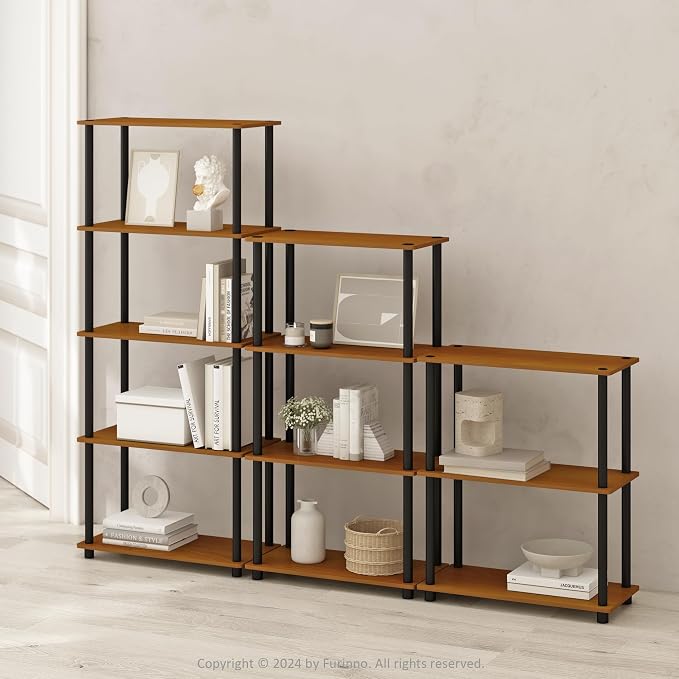 Furinno Turn-N-Tube Book Shelf, 4-Tier Bookshelf, Bookcase with Multipurpose Compact Display Rack, 11.6 x 23.6 x 43.2, for Living Room, Bedroom, Home Office, Light Cherry/Black