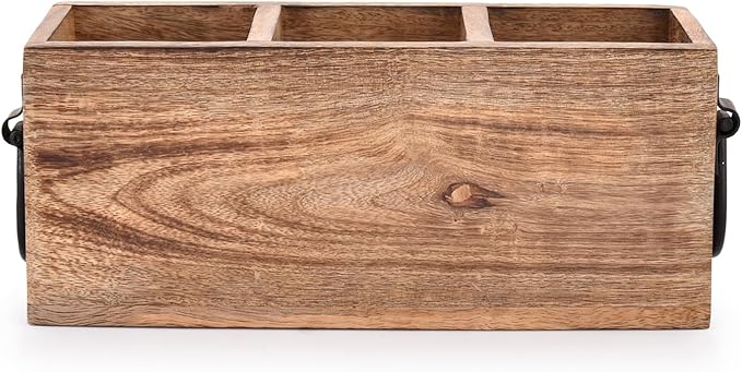 Samhita Mango Wood Cutlery Holder Caddy Organizer Wooden Utensil Storage Organizer Countertop for Silverware Fork Spoon Spatula 3 compartments (11" x 4" x 4.5")