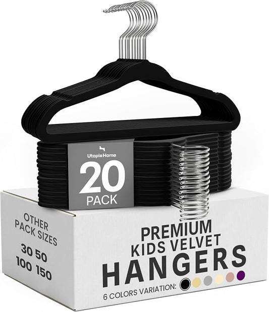 Utopia Home Kids Velvet Hanger 20 Pack – 11" Premium Baby Hangers - Black | Premium Non-Slip Baby Hangers for Baby and Toddlers, Durable Ultra-Slim Space-Saving Closet Organizers