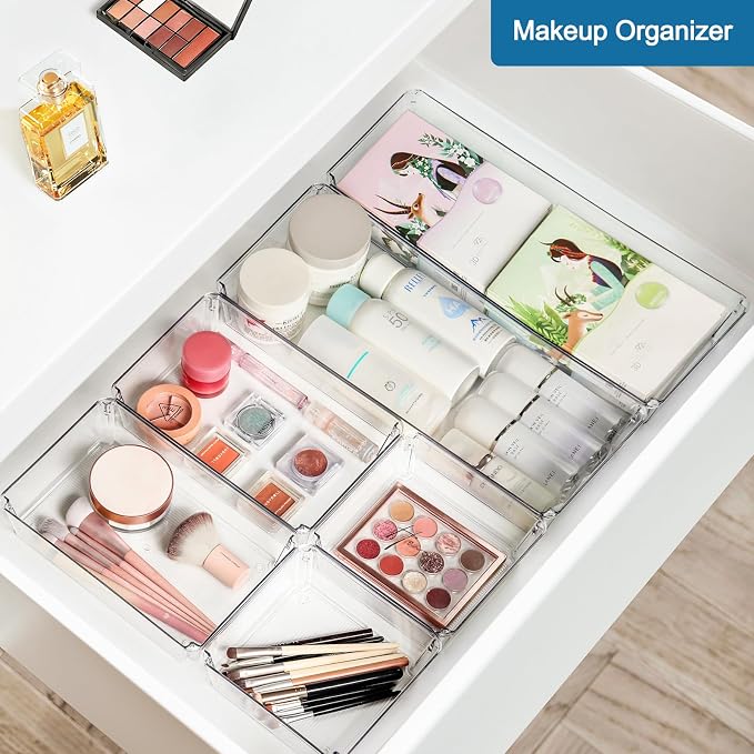 9 PCS Clear Plastic Drawer Organizer Sets, 3 Sizes Vanity Organizer Trays Stackable Storage Bins for Kitchen, Cabinet, Bathroom, Office, Laundry Room Organizing