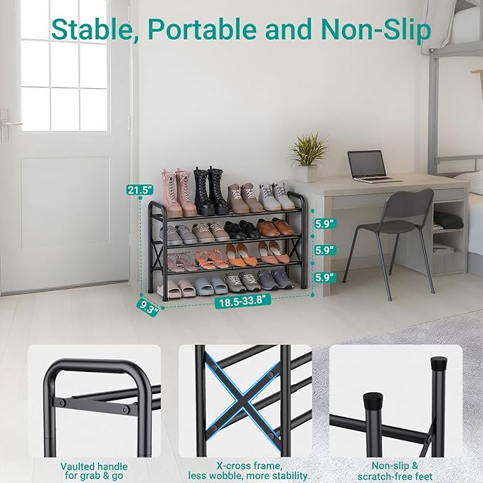 YEASHEIN 3-Tier Expandable Shoe Rack for Closet Floor, X-Frame Metal Small Shoe Rack for Entryway, Adjustable Shoe Shelf Organizer, Free Standing Shoe Racks for Front Door Entrance, Garage - Black