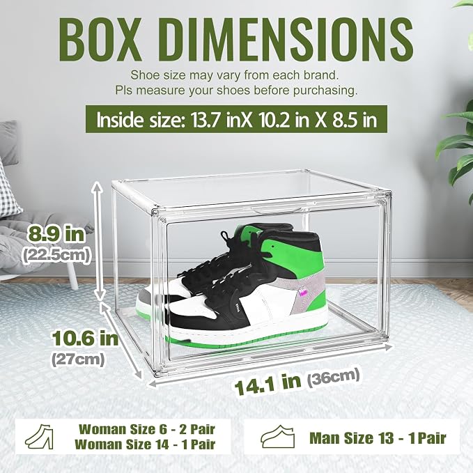 Clear Acrylic Shoe Box Size 14, Stackable Everyday Footwear Storage | Fits size 14 sneakers,casual shoes and athletic footwear. Clear acrylic design with magnetic door & dustproof storage.1 Pack