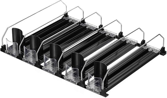 uxcell 5pcs Soda Can Organizer for Refrigerator, Self-Pushing Drink Organizer for Fridge, Width Adjustable Drink Dispenser Beverage Pusher For Pantry Vending Machine, Black