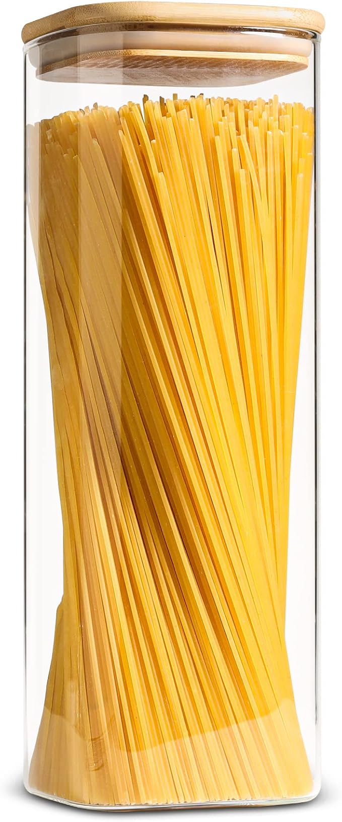 ComSaf Glass Spaghetti Pasta Storage Containers with Lid(71oz), Tall Clear Airtight Food Storage Jar with Bamboo Lid for Noodles Flour Cereal Sugar Beans, Sqaure Spaghetti Pantry Container