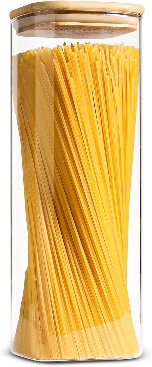 ComSaf Glass Spaghetti Pasta Storage Containers with Lid(71oz), Tall Clear Airtight Food Storage Jar with Bamboo Lid for Noodles Flour Cereal Sugar Beans, Sqaure Spaghetti Pantry Container