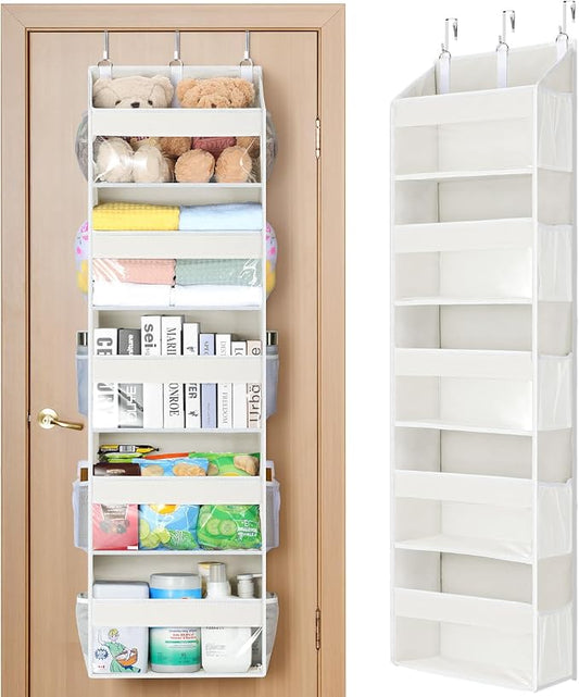 Yecaye 5 Tier Clear Over the Door Organizer Hanging, 5 Large Plastic Pockets and 10 Side Pockets Back of Door Organizer, 56lbs Weight Capacity Behind the Door Storage for Nursery, Ivory White