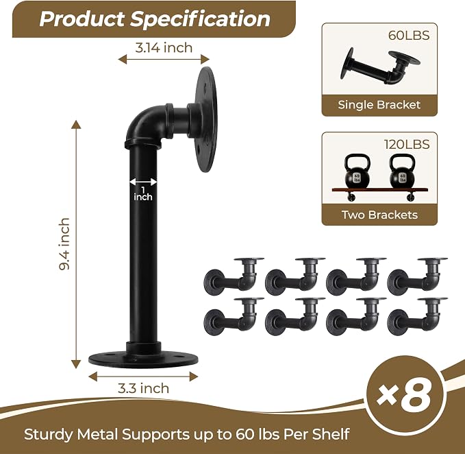 Industrial L Pipe Shelf Brackets for 10-20 in Depth Wood Heavy-Duty 3/4" Iron,Wall Mount Floating Shelf Bracket L Metal Pipe Shelving Brackets for Wood-Black DIY Pipe Shelves(9.4*3.1 Inch 8 Pack)