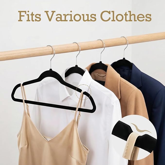 HOUSE DAY Black Velvet Hangers 40 Pack, Non Slip Clothes Felt Hanger Heavy Duty for Coat, Premium Slim Space Saving Suit Hangers for Closet Organizer, 360° Rotating Silver Hook