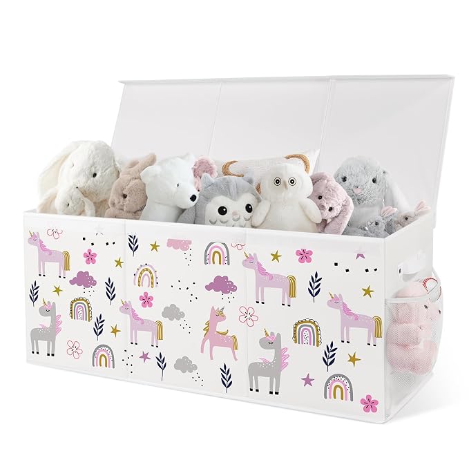 Extra Large Collapsible Toy Box with Lids, Sturdy Storage Organizer for Kids, 38"x16"x13" Toy Chest for Playroom, Nursery, Bedroom, Living Room (Flowers and Unicorns)