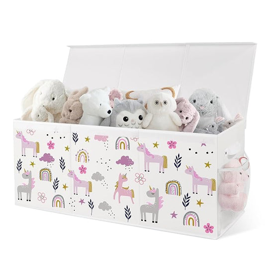 Extra Large Collapsible Toy Box with Lids, Sturdy Storage Organizer for Kids, 38"x16"x13" Toy Chest for Playroom, Nursery, Bedroom, Living Room (Flowers and Unicorns)