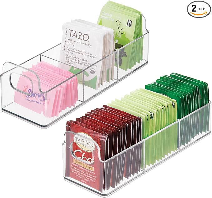 mDesign Plastic Condiment Organizer and Tea Bag Holder - 9" Long Kitchen Pantry/Countertop Storage Caddy - Divided Chip, Snack, Granola, Oatmeal Packet Holder - Lumiere Collection - 2 Pack - Clear