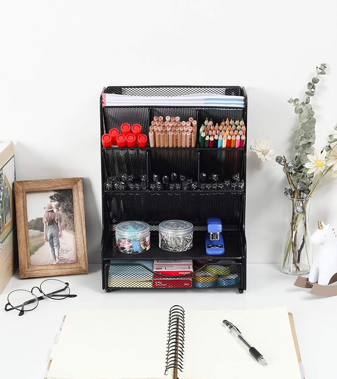 PAG Desk Organizer with Drawer Office Supplies and Accessories Storage Caddy Hanging Wall Shelf Metal Mesh Pencil Holder for Kids, 9 Compartments, Black