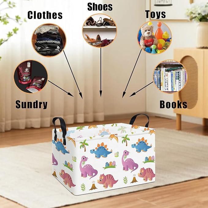 Rectangular Collapsible Cute Dinosaur Storage Basket Toy Organizer | Storage Bin Foldable Canvas with Handles for Organizing Home Kitchen Children Toys Office Closet Shelf Baskets