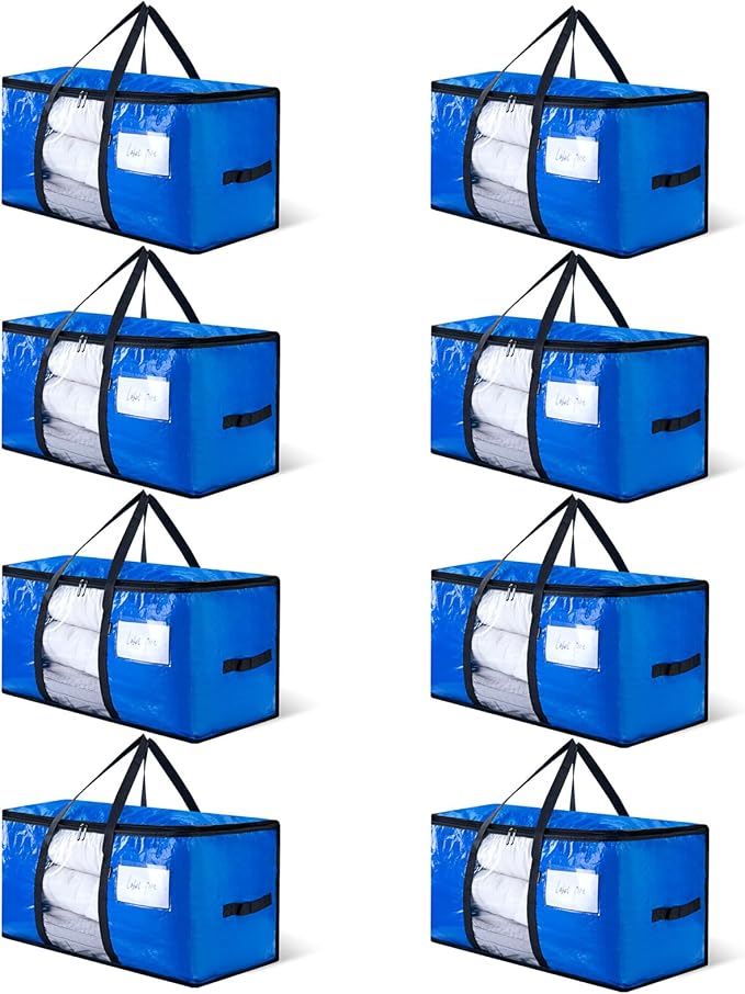 CONGREGATE 8-Pack Heavy Duty Moving Bags, Blue, 28.7"x13.7"x15" | Zippers and Handles, PE Material, Window Design, 97 Liters / 25.6 Gallons