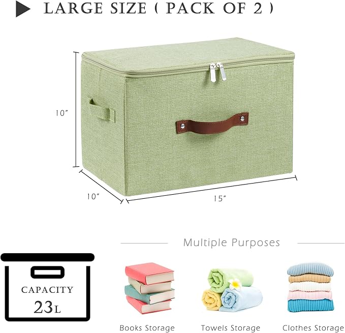 2 Pack Storage Bins with Zipper Lid Cotton Linen Fabric Lidded Storage Baskets Boxes Foldable Washable Closet Shelf Clothes Organizer Container with PU Leather Handles (Green, Large Size)