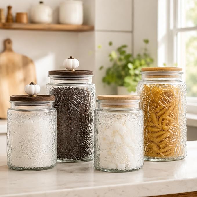 ANSQU Vintage Glass Jar with Lid, 23.7oz Airtight Glass Food Storage Container for Kitchen Counter, Pantry, Decorative Jar for Coffee, Tea, Sugar, Cute Jar