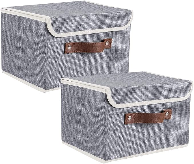 2Pack Storage Bins Boxes with Lids 10" x 8" x 7" Decorative Storage Baskets | Cotton Linen Fabric, Collapsible, Faux Leather Handles, Storage Cubes, Closet Shelf Clothes Organizer Container, Grey