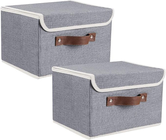 2Pack Storage Bins Boxes with Lids 10" x 8" x 7" Decorative Storage Baskets | Cotton Linen Fabric, Collapsible, Faux Leather Handles, Storage Cubes, Closet Shelf Clothes Organizer Container, Grey