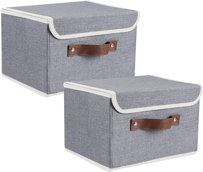 2Pack Storage Bins Boxes with Lids 15"x10"x10" Decorative Storage Baskets | Cotton Linen Fabric, Collapsible, Faux Leather Handles, Storage Cubes, Closet Shelf Clothes Organizer Container, Grey
