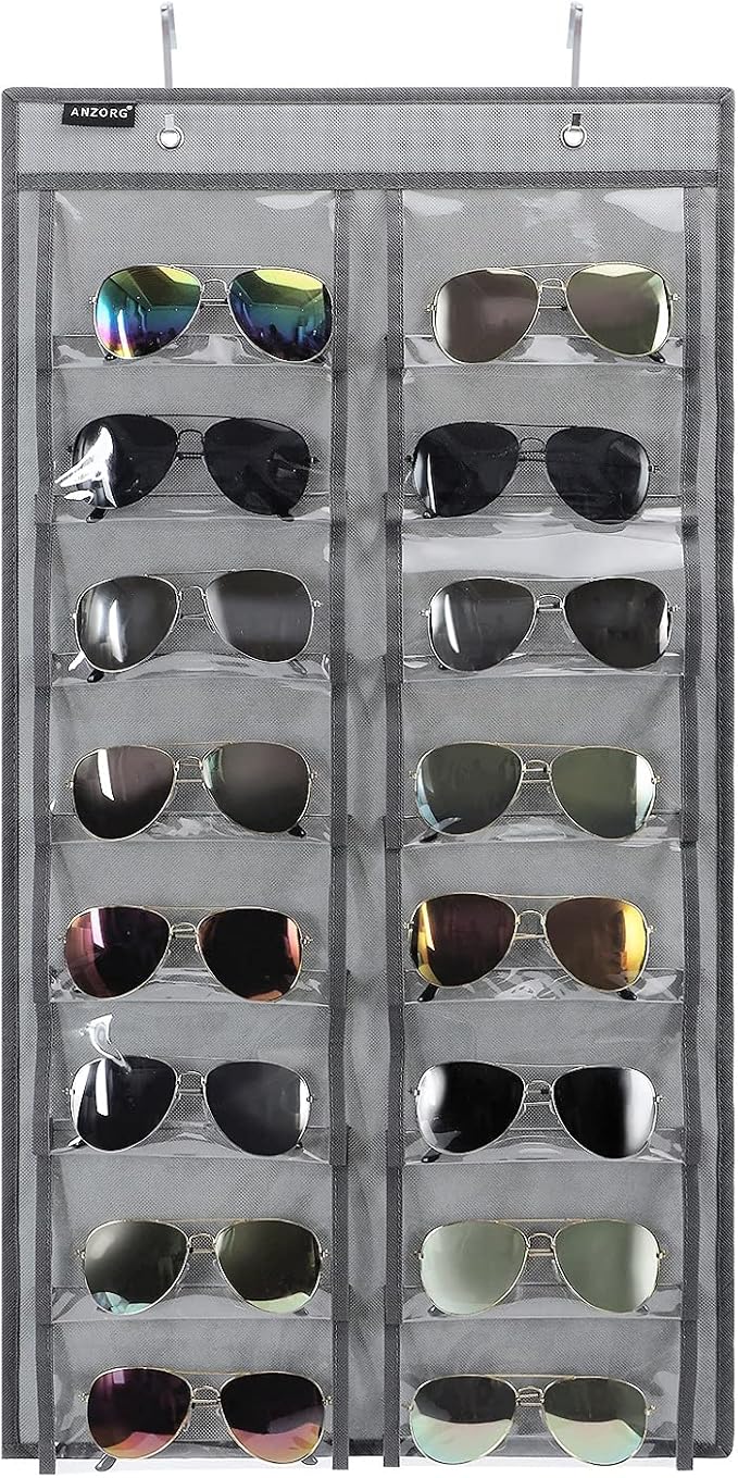 Over the Door Hanging Sunglasses Organizer Storage Sunglass Rack Holder Eyewear Display Case with 16 Clear Dust Proof Pockets (16 Pockets-Grey)