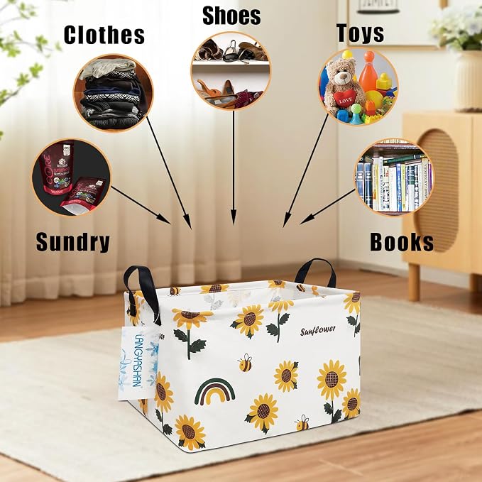 Rectangular Collapsible Sunflower Storage Basket Nursery Organizer | Storage Bin Foldable Canvas with Handles for Organizing Home Kitchen Children Toys Office Closet Shelf Baskets
