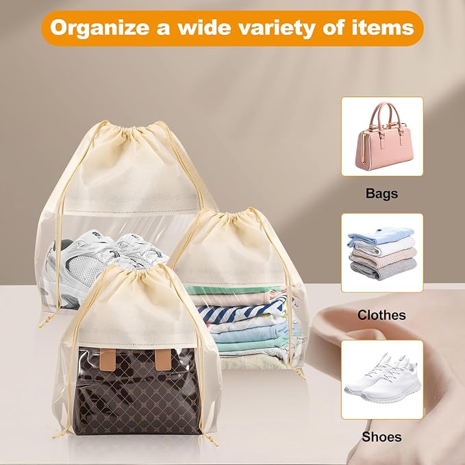 12 PCS Dust Bags for Handbags,Dustproof Drawstring Bags in 4 Size,Breathable Non Woven Fabric Purse Dust Bag,Storage Bags for Handbags Shoes Purses,Beige