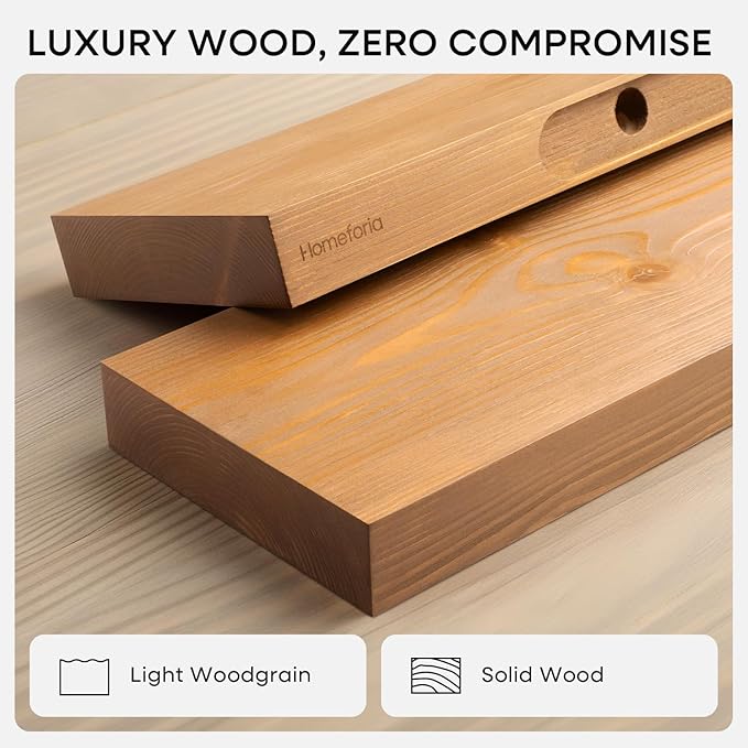Homeforia 18 inch Golden Oak Floating Shelf, High End Solid Real Wood 18inch Small Floating Shelves for Wall Mounted, Oak Wooden 18in Floating Shelves, Heavy Duty Bracket, 18 X 6.5 X 1.75 in, Set of 4
