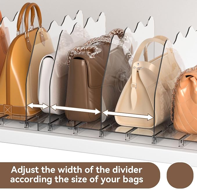 SOYO Adjustable Clear Purse Organizers for Closet, Acrylic Shelf Divider for Bag and Purse Storage, Pocketbook and Handbag Organizer, Bookshelf Separator Organizers for House, Office Use, Clear，2pc