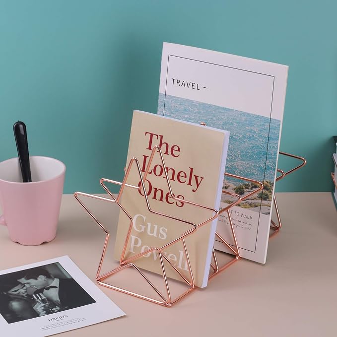 Magazine Holder File Sorter, Metal 5 Slot Desk Organizer Rack for Document, Folder, Letter and Book, Rose Gold, Pentastar Shape
