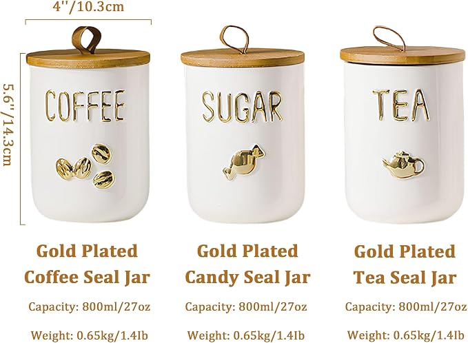 Simcat 27oz Ceramic Canister Set with Airtight Seal Bamboo Lid and Silicone Seal Damp-Proof Kitchen Jar Tea Coffee Sugar Canister Set Food Storage Containers (Portable sealed jar-(tea))