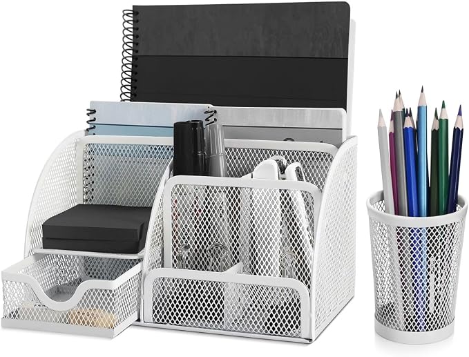 Flexzion Desk Caddy Organizer Set (White) - Metal Mesh Desktop Caddy with Drawers, 6 Compartments, and Pencil Holder for Women & Men - Desktop Organizer and Storage for Work or Office Supplies | Compact desktop caddy with separate pen holder; 8.7 x 5.5...