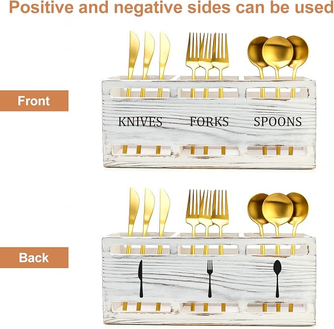 Farmhouse Wooden Utensil Caddy Party Cutlery Silverware Holder Small Wood Utensil Holder for Kitchen Counter Decor Flatware Cutlery Organizer Table Flatware Silverware Caddy Spoon and Fork Organizer