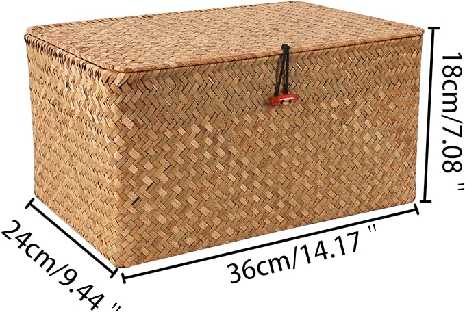 Moosky Wicker Shelf Baskets with Lid,Natural Seagrass Storage Basket Boxes Handwoven Rectangular Baskets Bins Multipurpose Home Organizer Decor (Large)