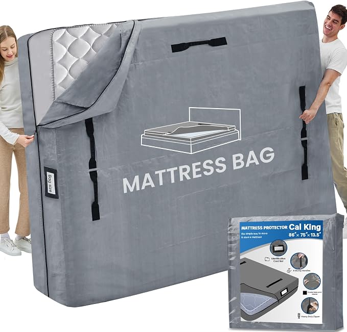 Mattress Bags for Moving and Storage, BETU Waterproof Mattress Protector Mattress Cover Cal King with 8 Heavy Duty Handles & Zipper Extra Thick Moving Supplies for Bed (86x75x13.5 Grey)